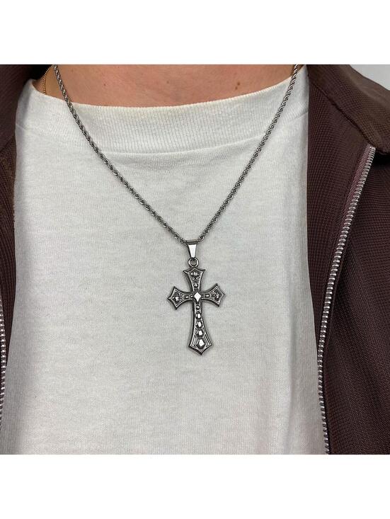 Jewelry - Stainless steel y2k style big gothic grunge silver cross pendant rope chain
